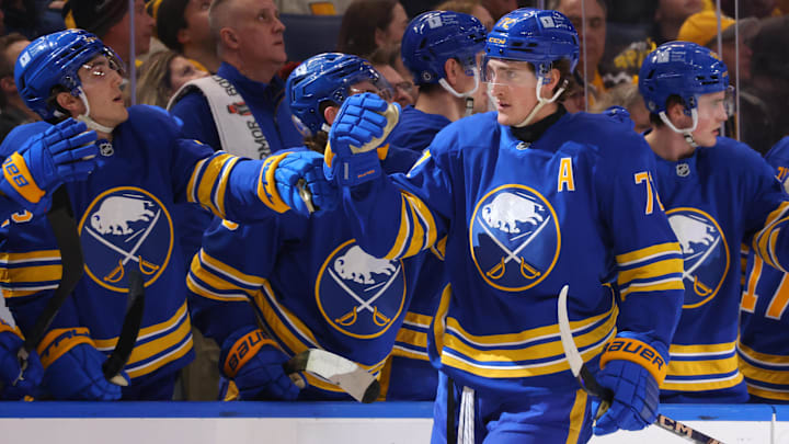 Jan 28, 2025; Buffalo, New York, USA;  Buffalo Sabres center Tage Thompson (72) celebrates his goal with teammates during the first period against the Boston Bruins at KeyBank Center. Mandatory Credit: Timothy T. Ludwig-Imagn Images
