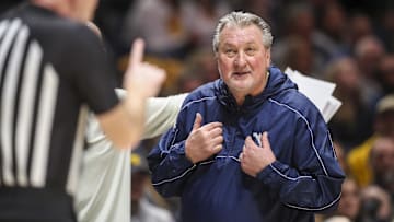 Jan 21, 2023; Morgantown, West Virginia, USA; West Virginia Mountaineers head coach Bob Huggins reacts to a call during the first half against the Texas Longhorns at WVU Coliseum.