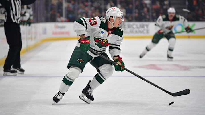 Dec 6, 2024; Anaheim, California, USA; Minnesota Wild center Marco Rossi (23) moves the puck against the Anaheim Ducks during the first period at Honda Center. Mandatory Credit: Gary A. Vasquez-Imagn Images