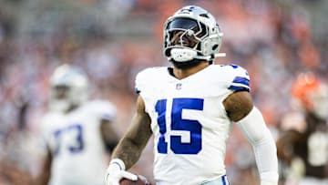 Sep 8, 2024; Cleveland, Ohio, USA; Dallas Cowboys running back Ezekiel Elliott (15) celebrates his first down run against the Cleveland Browns during the fourth quarter at Huntington Bank Field. Mandatory Credit: Scott Galvin-Imagn Images