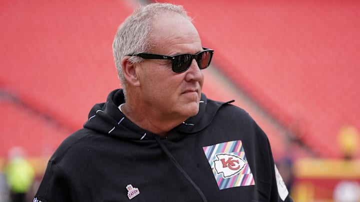 Oct 12, 2023; Kansas City, Missouri, USA; Kansas City Chiefs assistant head coach Dave Toub on field against the Denver Broncos prior to a game at GEHA Field at Arrowhead Stadium. Mandatory Credit: Denny Medley-Imagn Images