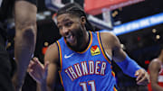 Oct 30, 2025; Oklahoma City, Oklahoma, USA; Oklahoma City Thunder guard Isaiah Joe (11) reacts after a play against the Washington Wizards during the second half at Paycom Center. Mandatory Credit: Alonzo Adams-Imagn Images