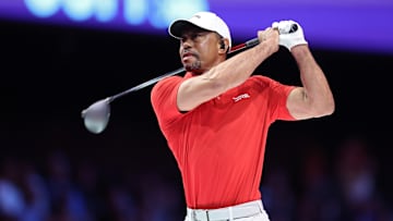 Tiger Woods tees off during a TGL match between Jupiter Links and Atlanta Drive