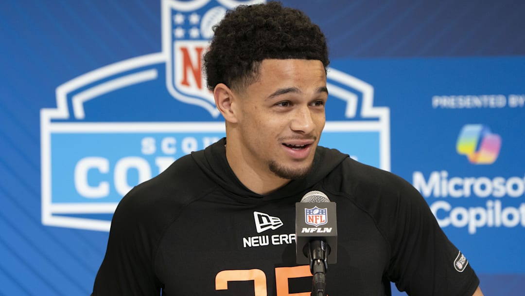 Feb 28, 2025; Indianapolis, IN, USA; Iowa Staet wideout Jaylin Noel (WO35) talks to the press during the 2025 NFL Combine at Indiana Convention Center. Mandatory Credit: Stephanie Amador Blondet-Imagn Images