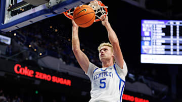 Oct 29, 2024; Lexington, KY, USA; Kentucky Wildcats guard Collin Chandler (5) dunks the ball during the second half against the Minnesota State Mavericks at Rupp Arena. Mandatory Credit: Jordan Prather-Imagn Images