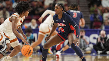 Mar 7, 2025; Greenville, SC, USA; Ole Miss Rebels guard Sira Thienou (0) on defense against Texas Longhorns guard Rori Harmon (3) during the first half at Bon Secours Wellness Arena. Mandatory Credit: Jim Dedmon-Imagn Images