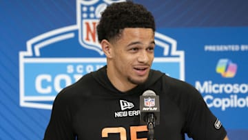 Feb 28, 2025; Indianapolis, IN, USA; Iowa Staet wideout Jaylin Noel (WO35) talks to the press during the 2025 NFL Combine at Indiana Convention Center. Mandatory Credit: Stephanie Amador Blondet-Imagn Images