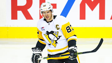 Oct 22, 2024; Calgary, Alberta, CAN; Pittsburgh Penguins center Sidney Crosby (87) skates during the warmup period against the Calgary Flames at Scotiabank Saddledome. Mandatory Credit: Sergei Belski-Imagn Images