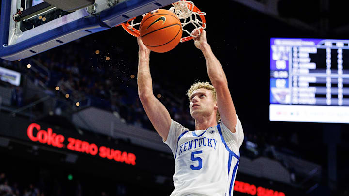 Oct 29, 2024; Lexington, KY, USA; Kentucky Wildcats guard Collin Chandler (5) dunks the ball during the second half against the Minnesota State Mavericks at Rupp Arena. Mandatory Credit: Jordan Prather-Imagn Images