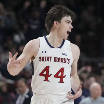 March 11, 2024; Las Vegas, NV, USA; Saint Mary's Gaels guard Alex Ducas (44) celebrates making a basket against the Santa Clara Broncos during the second half in the semifinals of the WCC Basketball Championship at Orleans Arena. Mandatory Credit: Kyle Terada-USA TODAY Sports