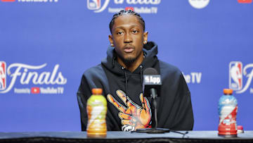 Jun 4, 2025; Oklahoma City, OK, USA; Oklahoma City Thunder forward Jalen Williams (8) during NBA Finals Media Day at Paycom Center. Mandatory Credit: Alonzo Adams-Imagn Images