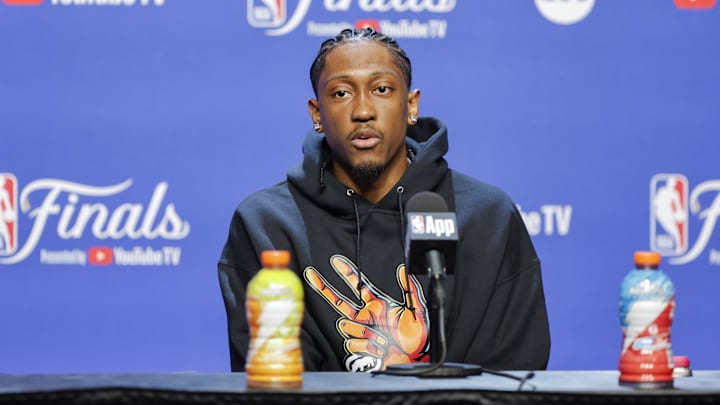 Jun 4, 2025; Oklahoma City, OK, USA; Oklahoma City Thunder forward Jalen Williams (8) during NBA Finals Media Day at Paycom Center. Mandatory Credit: Alonzo Adams-Imagn Images