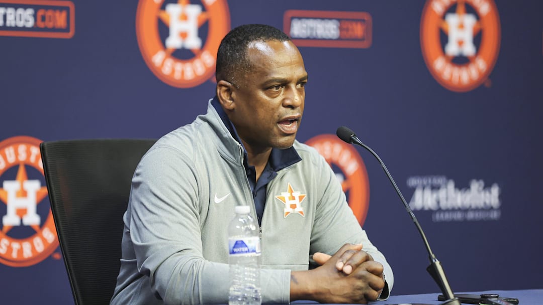 Aug 1, 2023; Houston, Texas, USA; Houston Astros general manager Dana Brown speaks with media before the game against the Cleveland Guardians at Minute Maid Park. Aug 1, 2023; Houston, Texas, USA; Houston Astros general manager Dana Brown speaks with media before the game against the Cleveland Guardians at Minute Maid Park.