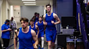 Feb 22, 2025; Baton Rouge, Louisiana, USA; Florida Gators center Olivier Rioux (32) comes out the tunnel with the team against the LSU Tigers during the first half at Pete Maravich Assembly Center. Mandatory Credit: Stephen Lew-Imagn Images