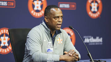 Aug 1, 2023; Houston, Texas, USA; Houston Astros general manager Dana Brown speaks with media before the game against the Cleveland Guardians at Minute Maid Park. Mandatory Credit: Troy Taormina-Imagn Images