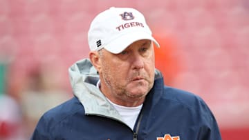 Oct 25, 2025; Fayetteville, Arkansas, USA; Auburn Tigers head coach Hugh Freeze prior to the game against the Arkansas Razorbacks at Donald W. Reynolds Razorback Stadium. Mandatory Credit: Nelson Chenault-Imagn Images