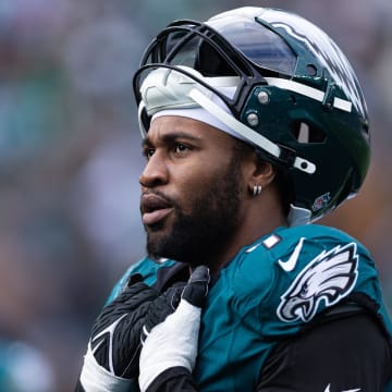 Dec 31, 2023; Philadelphia, Pennsylvania, USA; Philadelphia Eagles linebacker Haason Reddick (7) looks on during the second quarter against the Arizona Cardinals at Lincoln Financial Field. Mandatory Credit: Bill Streicher-USA TODAY Sports