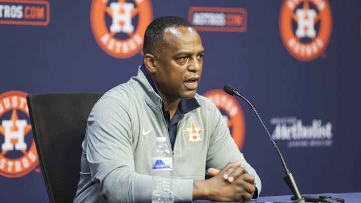 Aug 1, 2023; Houston, Texas, USA; Houston Astros general manager Dana Brown speaks with media before the game against the Cleveland Guardians at Minute Maid Park. Mandatory Credit: Troy Taormina-Imagn Images