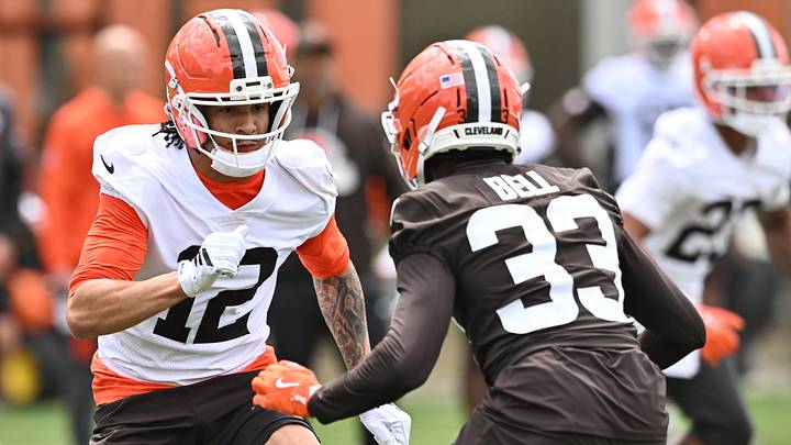 May 8, 2026; Berea, OH, USA; Cleveland Browns wide receiver Denzel Boston (12) runs a route against cornerback Malcolm Bell (33) during rookie minicamp at CrossCountry Mortgage Campus. Mandatory Credit: Ken Blaze-Imagn Images
