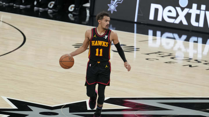 Nov 30, 2023; San Antonio, Texas, USA;  Atlanta Hawks guard Trae Young (11) dribbles the ball in the first half against the San Antonio Spurs at the Frost Bank Center. Mandatory Credit: Daniel Dunn-USA TODAY Sports