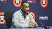 Aug 1, 2023; Houston, Texas, USA; Houston Astros general manager Dana Brown speaks with media before the game against the Cleveland Guardians at Minute Maid Park.