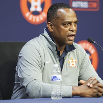 Aug 1, 2023; Houston, Texas, USA; Houston Astros general manager Dana Brown speaks with media before the game against the Cleveland Guardians at Minute Maid Park.