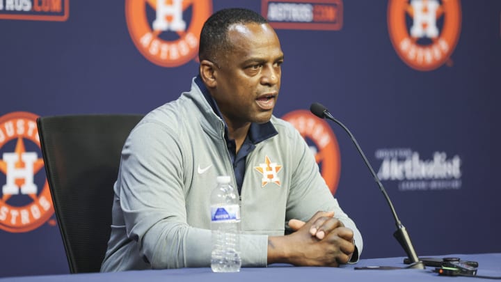 Aug 1, 2023; Houston, Texas, USA; Houston Astros general manager Dana Brown speaks with media before the game against the Cleveland Guardians at Minute Maid Park.