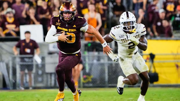 Arizona State Sun Devils quarterback Sam Leavitt (10) carries the ball during the game against Texas State Bobcats