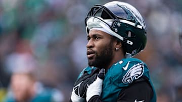 Dec 31, 2023; Philadelphia, Pennsylvania, USA; Philadelphia Eagles linebacker Haason Reddick (7) looks on during the second quarter against the Arizona Cardinals at Lincoln Financial Field. Mandatory Credit: Bill Streicher-Imagn Images