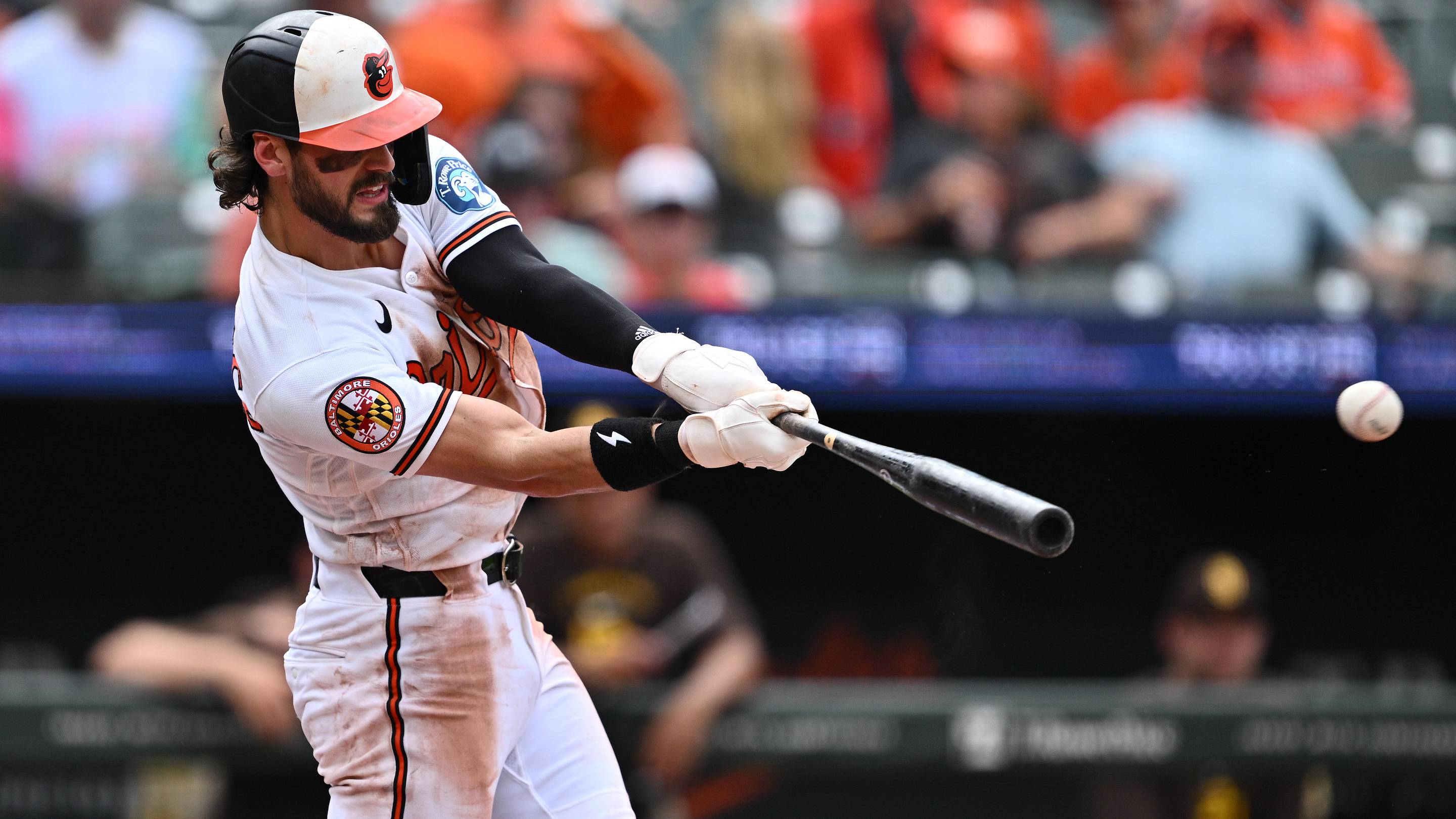 Jun 14, 2026; Baltimore, Maryland, USA; Baltimore Orioles infielder Blaze Alexander (23) hits a double in the seventh inning against the San Diego Padres at Oriole Park at Camden Yards. Mandatory Credit: Jamie Sabau-Imagn Images