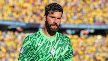 Jul 2, 2024; Santa Clara, CA, USA; Brazil goalkeeper Alisson Becker (1) during halftime against Colombia at Levi's Stadium. Mandatory Credit: Darren Yamashita-Imagn Images