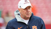 Oct 25, 2025; Fayetteville, Arkansas, USA; Auburn Tigers head coach Hugh Freeze prior to the game against the Arkansas Razorbacks at Donald W. Reynolds Razorback Stadium. Mandatory Credit: Nelson Chenault-Imagn Images