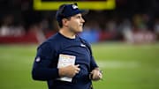 Dec 8, 2024; Glendale, Arizona, USA; Seattle Seahawks head coach Mike Macdonald against the Arizona Cardinals at State Farm Stadium. Mandatory Credit: Mark J. Rebilas-Imagn Images
