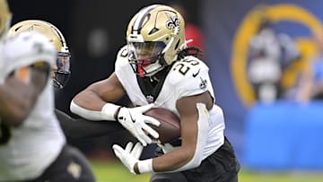 Oct 27, 2024; Inglewood, California, USA; New Orleans Saints running back Kendre Miller (25) carries the ball in the second half against the Los Angeles Chargers at SoFi Stadium. Mandatory Credit: Jayne Kamin-Oncea-Imagn Images