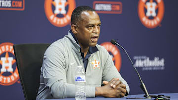 Aug 1, 2023; Houston, Texas, USA; Houston Astros general manager Dana Brown speaks with media before the game against the Cleveland Guardians at Minute Maid Park. Mandatory Credit: Troy Taormina-Imagn Images