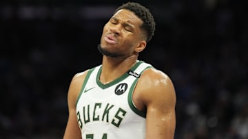 Mar 22, 2025; Sacramento, California, USA; Milwaukee Bucks forward Giannis Antetokounmpo (34) reacts during the third quarter against the Sacramento Kings at Golden 1 Center. Mandatory Credit: Darren Yamashita-Imagn Images