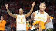 Tennessee's Zakai Zeigler (5) during Senior Day presentations after a men’s college basketball game between Tennessee and South Carolina at Thompson-Boling Arena at Food City Center, Saturday, March 8, 2025.