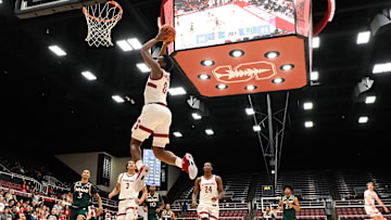 Jan 22, 2025; Stanford, California, USA; Stanford Cardinal guard Anthony Batson Jr. (0) dunks against the Miami (FL) Hurricanes in the second half at Maples Pavilion. Mandatory Credit: Eakin Howard-Imagn Images
