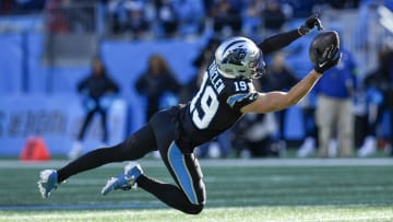 Jan 7, 2024; Charlotte, North Carolina, USA; Carolina Panthers wide receiver Adam Thielen (19) makes a catch against the Tampa Bay Buccaneers during the second half at Bank of America Stadium. Mandatory Credit: Jim Dedmon-USA TODAY Sports