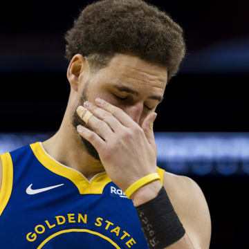 Jan 4, 2024; San Francisco, California, USA; Golden State Warriors forward Klay Thompson (11) reacts during the second half of theme against the Denver Nuggets at Chase Center. Mandatory Credit: John Hefti-USA TODAY Sports