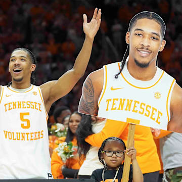 Tennessee's Zakai Zeigler (5) during Senior Day presentations after a men’s college basketball game between Tennessee and South Carolina at Thompson-Boling Arena at Food City Center, Saturday, March 8, 2025.