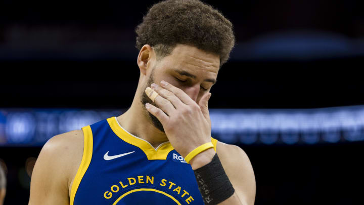 Jan 4, 2024; San Francisco, California, USA; Golden State Warriors forward Klay Thompson (11) reacts during the second half of theme against the Denver Nuggets at Chase Center. Mandatory Credit: John Hefti-USA TODAY Sports