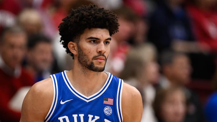 Jan 17, 2026; Stanford, California, USA; Duke Blue Devils forward Cameron Boozer (12) looks on against the Stanford Cardinal in the first half at Maples Pavilion. 