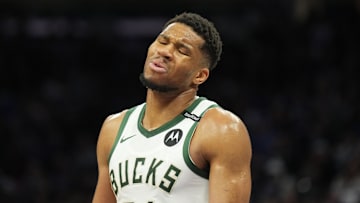 Mar 22, 2025; Sacramento, California, USA; Milwaukee Bucks forward Giannis Antetokounmpo (34) reacts during the third quarter against the Sacramento Kings at Golden 1 Center. Mandatory Credit: Darren Yamashita-Imagn Images
