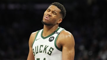 Mar 22, 2025; Sacramento, California, USA; Milwaukee Bucks forward Giannis Antetokounmpo (34) reacts during the third quarter against the Sacramento Kings at Golden 1 Center. Mandatory Credit: Darren Yamashita-Imagn Images
