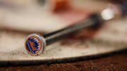 May 11, 2022; Washington, District of Columbia, USA; A detailed view of the New York Mets logo on a bat during the game between the Washington Nationals and the New York Mets at Nationals Park. Mandatory Credit: Scott Taetsch-USA TODAY Sports