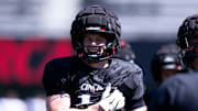 Cincinnati Bearcats linebacker Jake Golday (11) smiles during the Cincinnati Bearcats football spring practice at Nippert Stadium on Saturday, April 12, 2025.