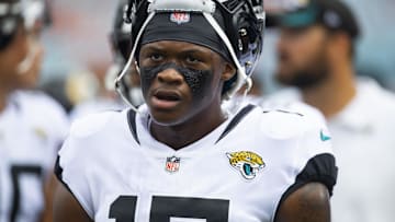Sep 19, 2021; Jacksonville, Florida, USA; Jacksonville Jaguars wide receiver DJ Chark Jr. (17) against the Denver Broncos at TIAA Bank Field. 