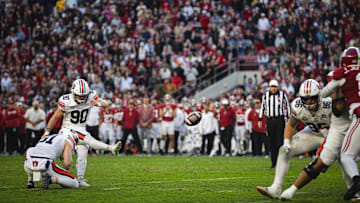 Nov 30, 2024; Tuscaloosa, Alabama, USA; Auburn Tigers place kicker Ian Vachon (90) kicks for a field goal against the Alabama Crimson Tide during the second quarter at Bryant-Denny Stadium. Mandatory Credit: Will McLelland-Imagn Images