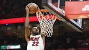 Nov 10, 2025; Miami, Florida, USA;  Miami Heat forward Andrew Wiggins (22) dunks against the Cleveland Cavaliers during overtime at Kaseya Center. Mandatory Credit: Rhona Wise-Imagn Images